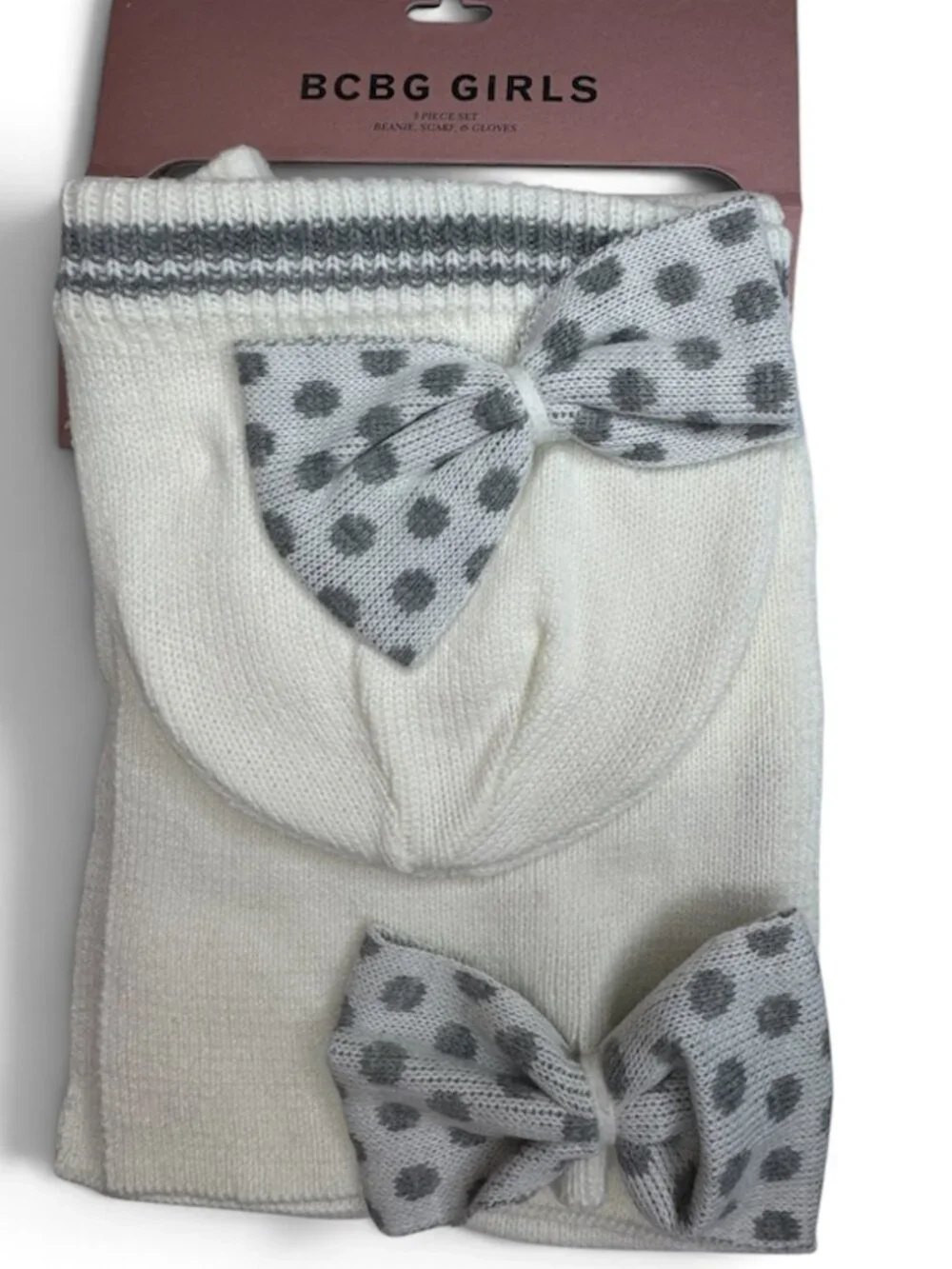 BCBG Girls 3-Piece Knit Beanie Scarf & Gloves Set White Gray Polka Dot Bows NWT